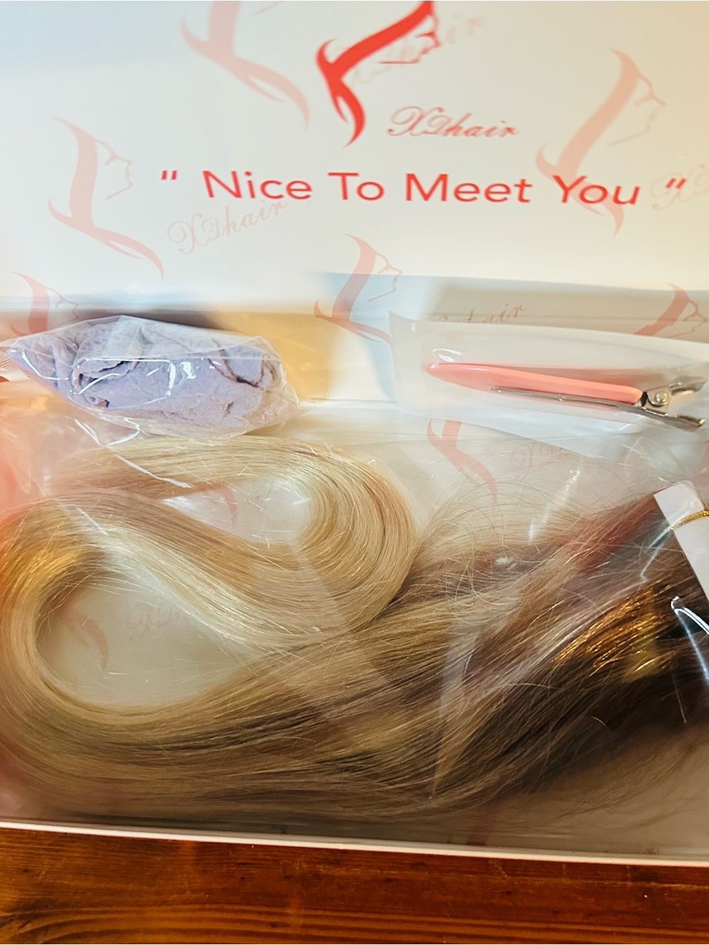 Blonde to Dark Brown Ombre Tape Hair Extension Set with Pink Clip-NEW Box Sealed